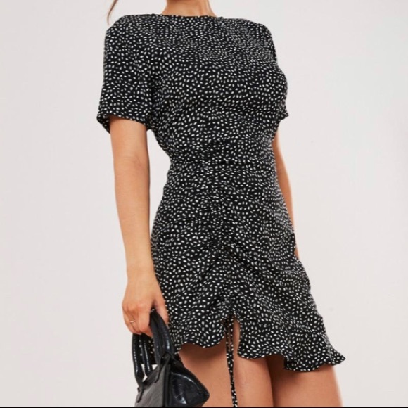 Missguided Ruched Side Tea Dress Dalmatian Print black and white - Picture 1 of 8